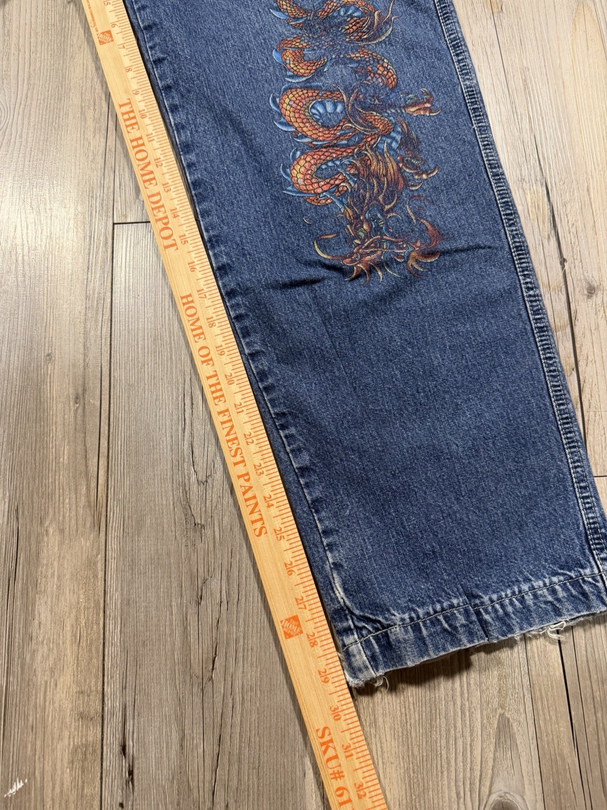 JNCO Men’s Blue Medium Wash Wide-Leg Denim Jeans Relaxed Fit Dragon Print