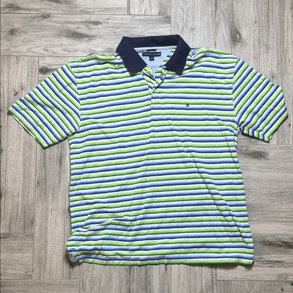 Tommy Hilfiger Striped Polo in Lime Green, Blue & White with Navy Collar