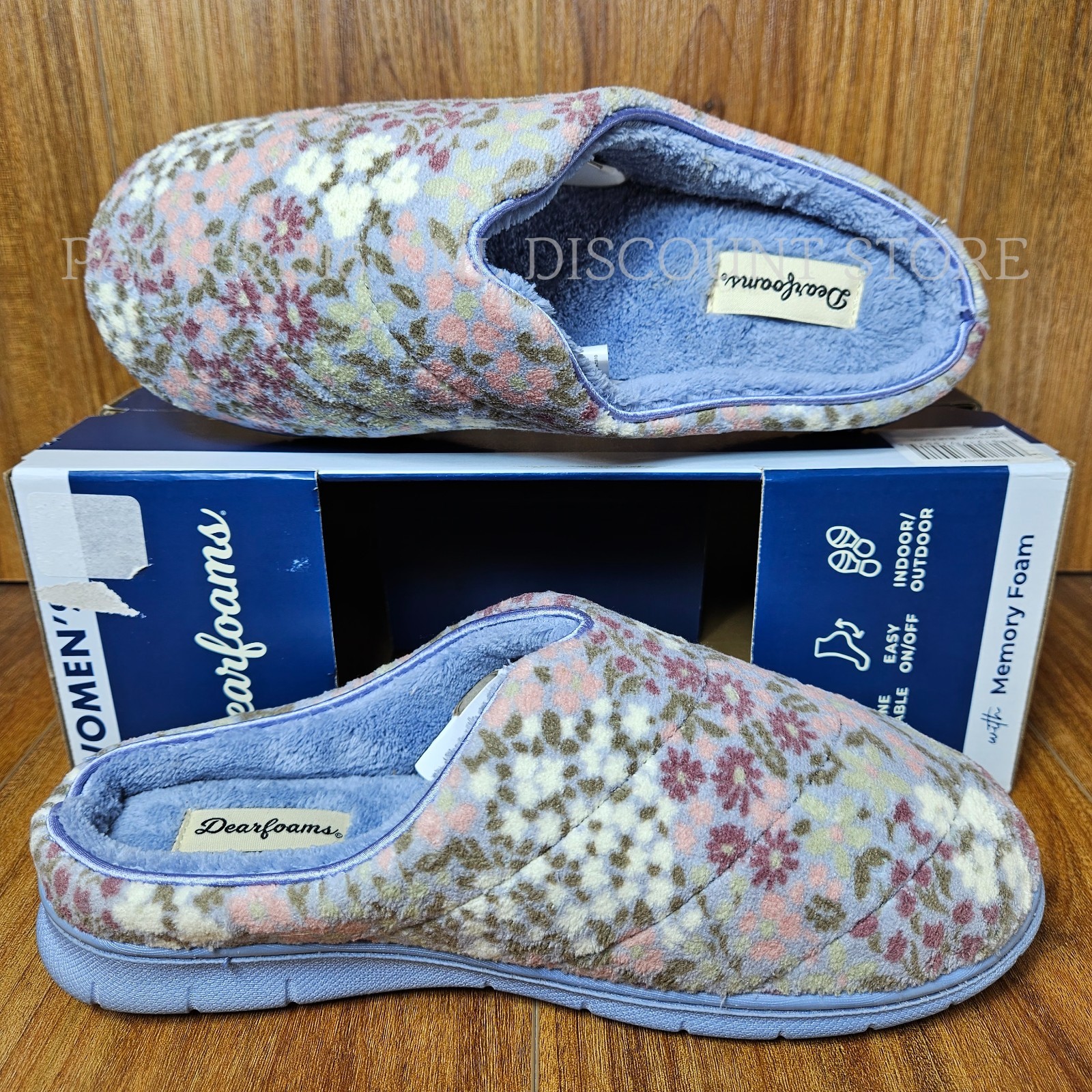 DEARFOAMS Women’s Indoor/Outdoor Slippers ~ Blue Floral