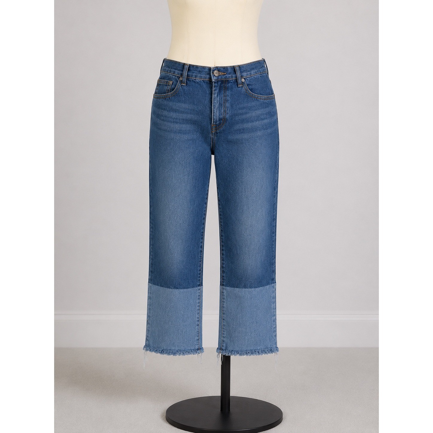 POL Clothing Two Tone Colorblock Straight Leg Cropped Jeans Raw Hem Blue Medium