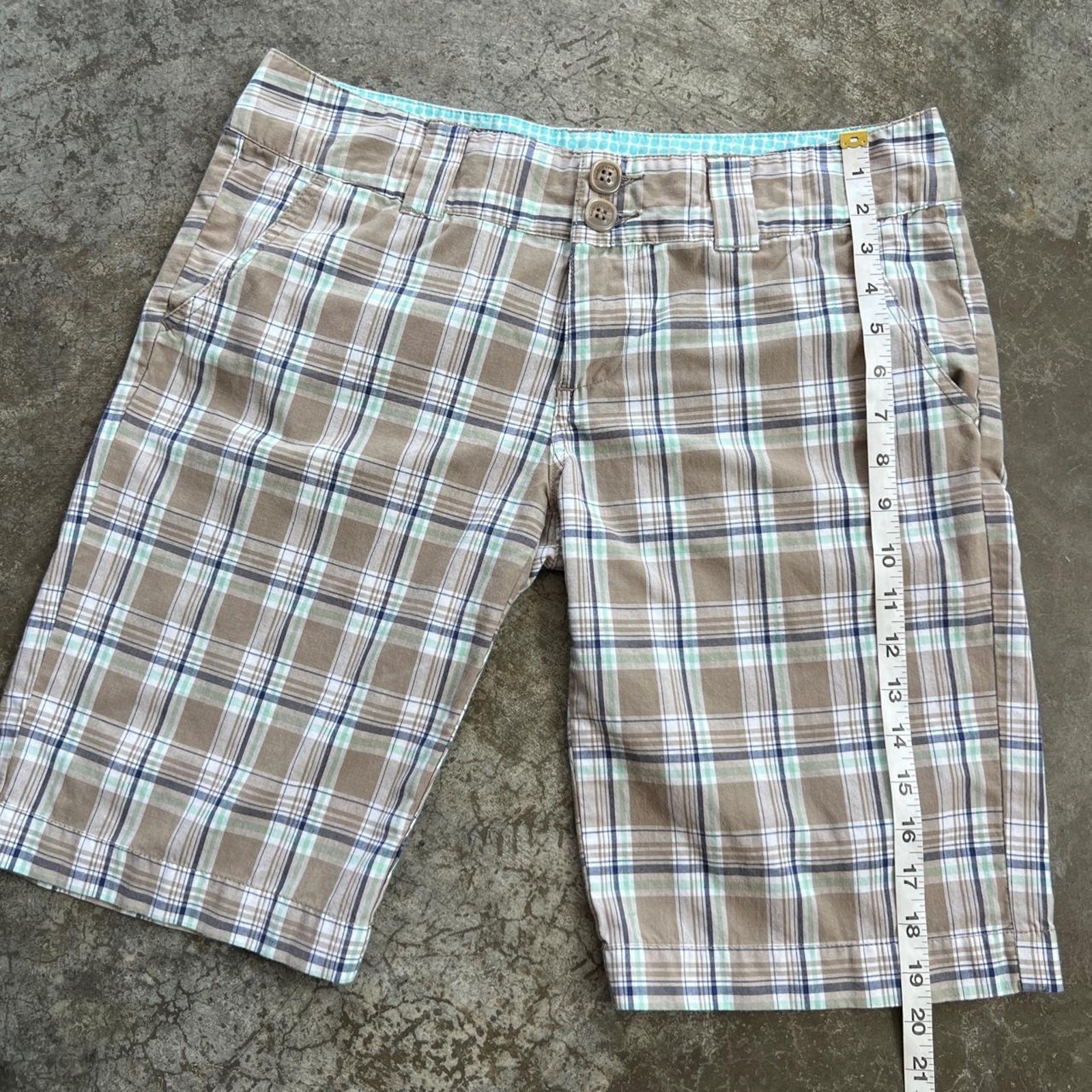 Roxy Y2K Plaid Bermuda Shorts Women Size 11 Brown Mint Green Long Skater Surf