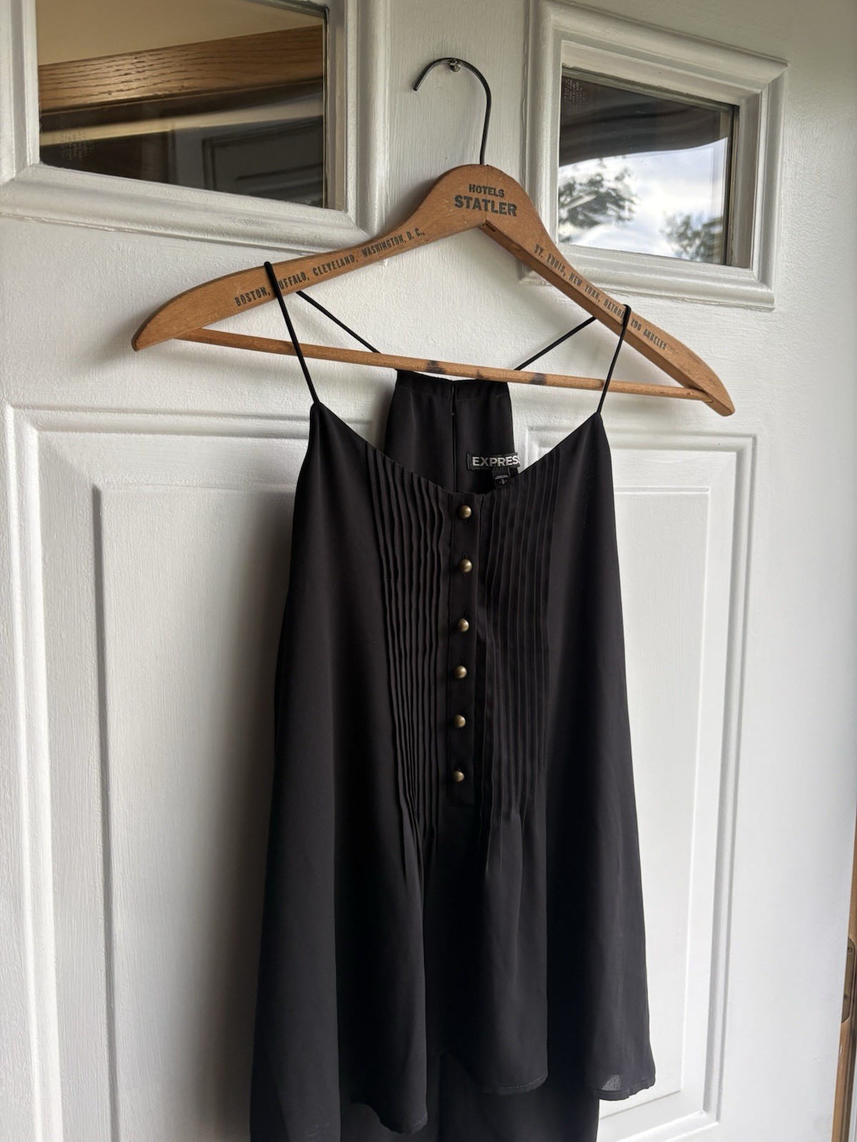 Express Women’s S Black Chiffon Flowy V-Neck Button Pleated Camisole Top