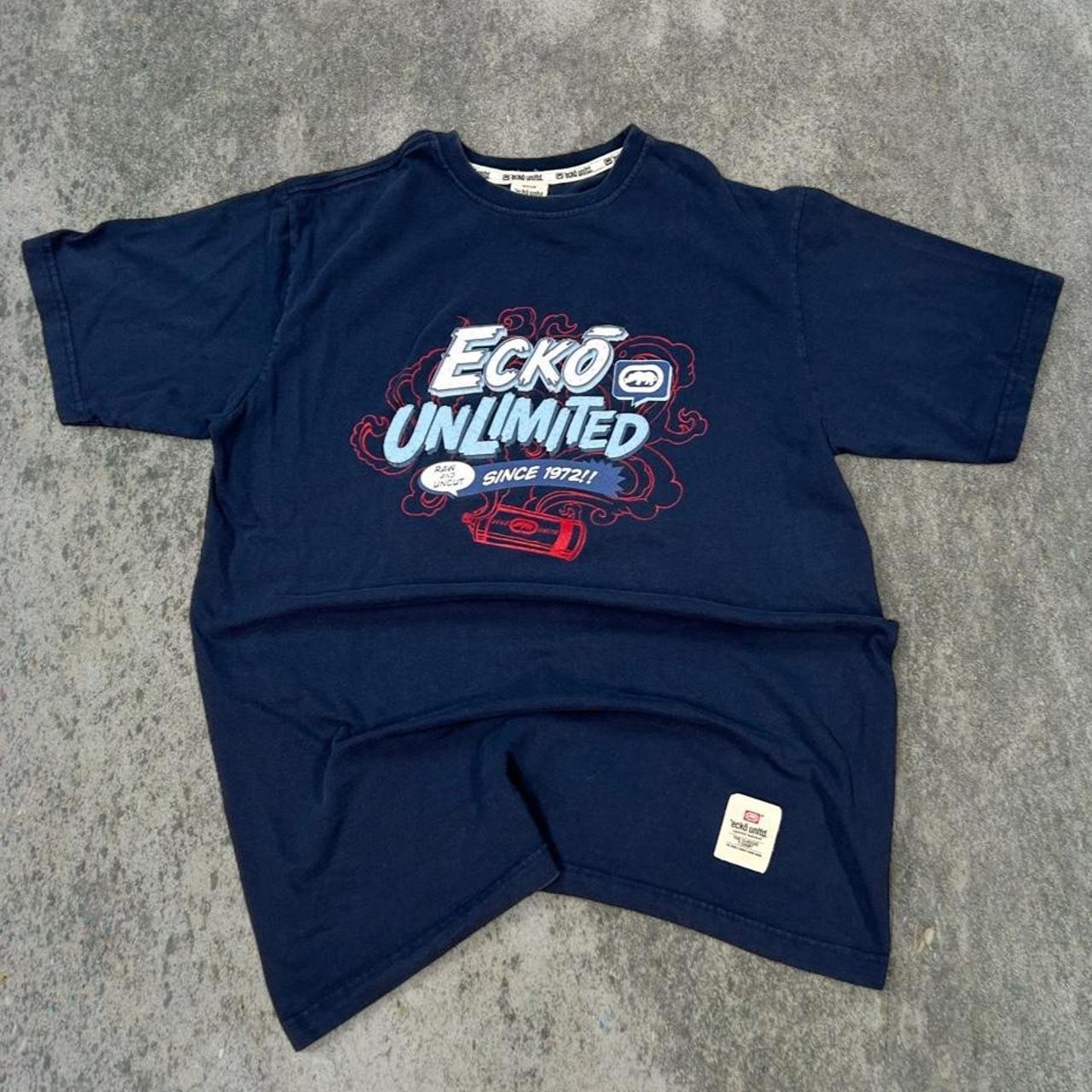 Y2K skate grail Ecko Unltd navy blue tee with textured patchwork on size M