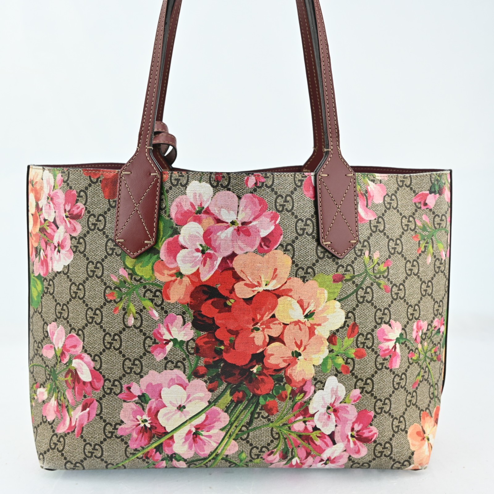 AUTH GUCCI Blooms Printed Tote Bag GG Reversible PVC Pink R3256RR808