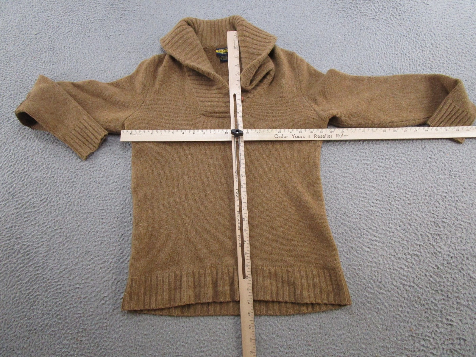 Rugby Ralph Lauren Beige Wool Shawl Collar Sweater Elbow Patches Mens L READ