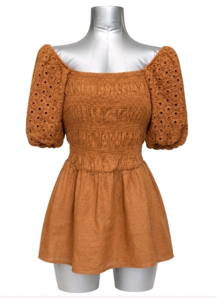 Maurices Boho Rust Eyelet Smocked Square Neck Puff Sleeve Peplum Blouse 1X