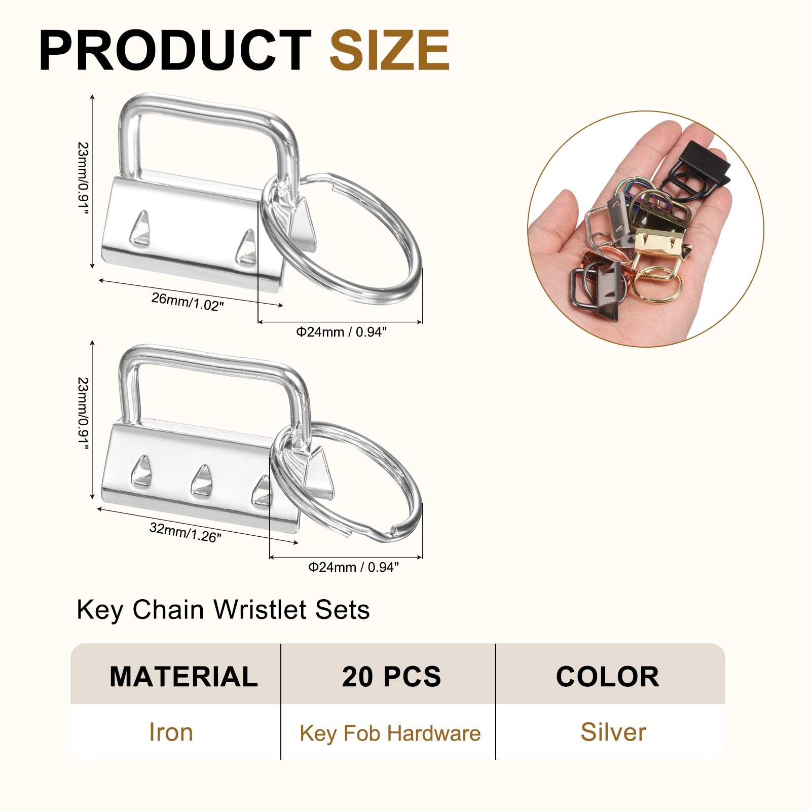 20 Pcs Key Fob Hardware, 1/1.3in 26/32mm with Key Rings for Lanyards, Silver
