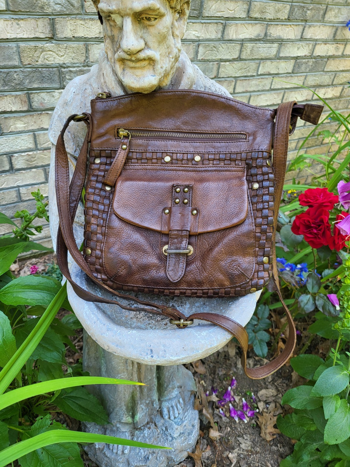 Oak Leathers Crossbody Messenger Shoulder Bag Cognac Weave Boho Handmade India