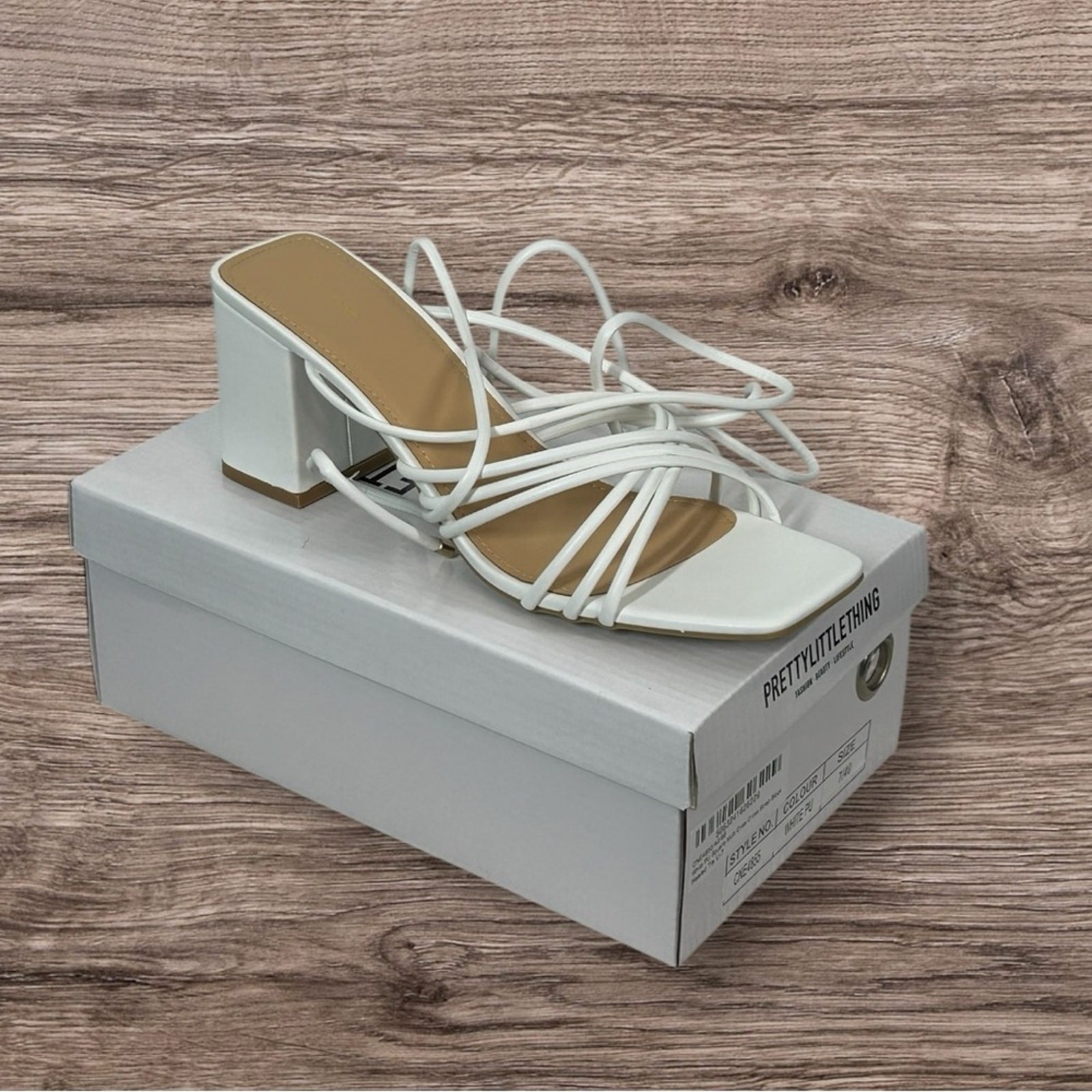 PrettyLittleThing White Strappy Block Heel Sandals Square Toe NIB Multi Size