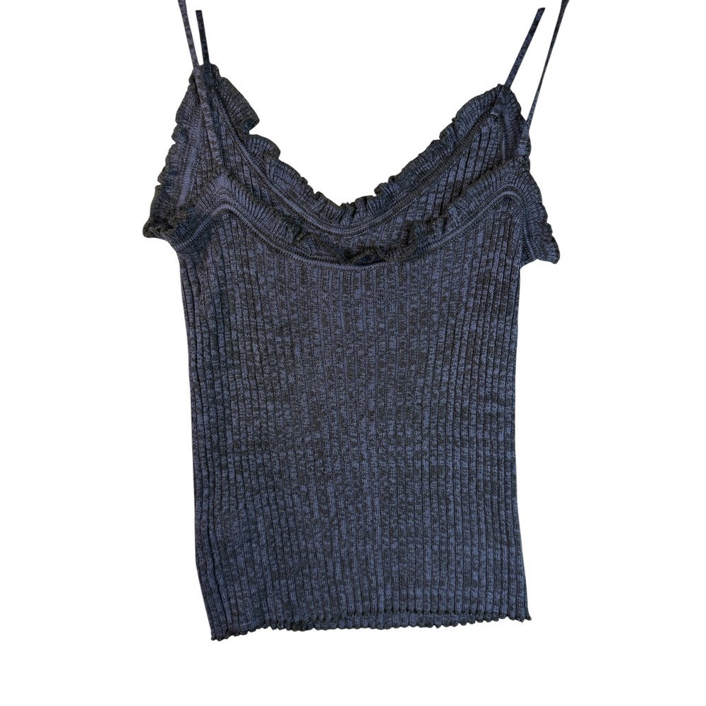 Free People Ribbed Ruffle V-Neck Camisole Navy Blue Knit Tank Top Small