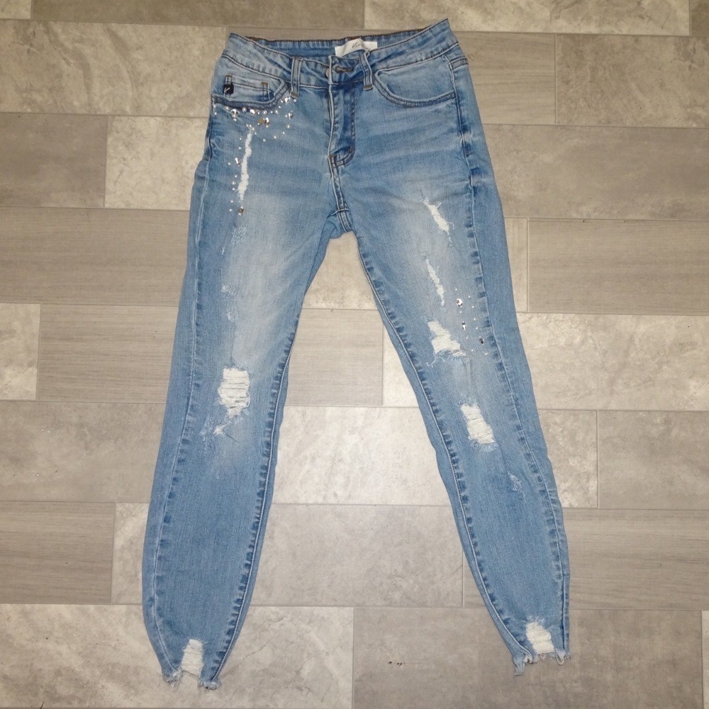 KanCan Women Blue Distressed Embellished Skinny Jeans Size 3