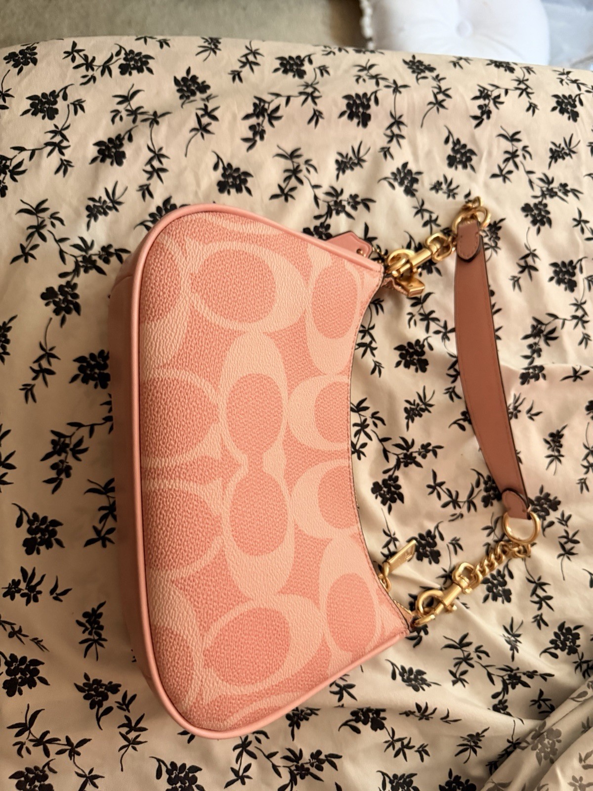 Coach Pink Signature Logo Small Crescent Zip Shoulder Bag Gold Chain Strap Charm