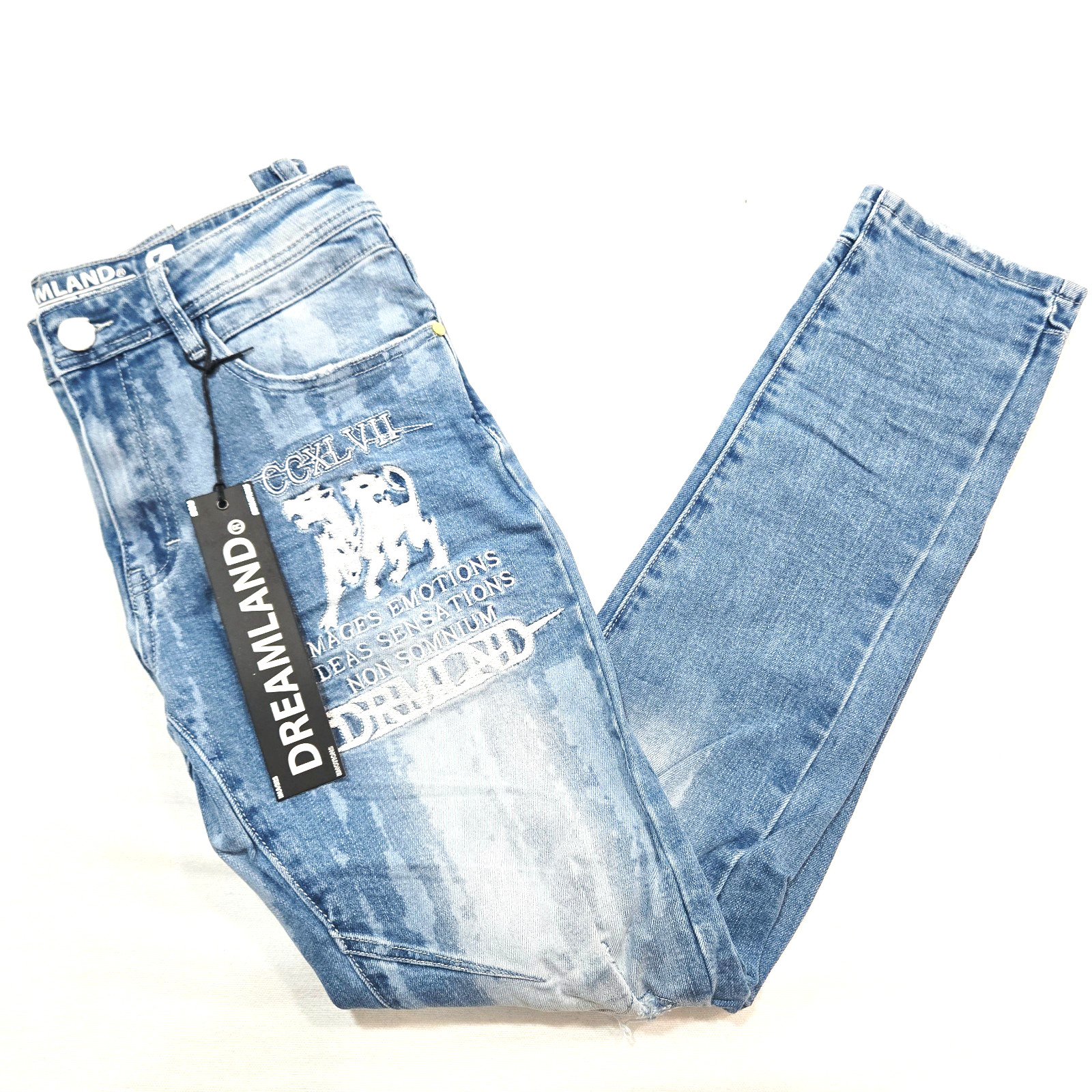 Dreamland Men’s Jeans Lt Stone Blue Design Distressed Skinny Fit Denim 30 to 46
