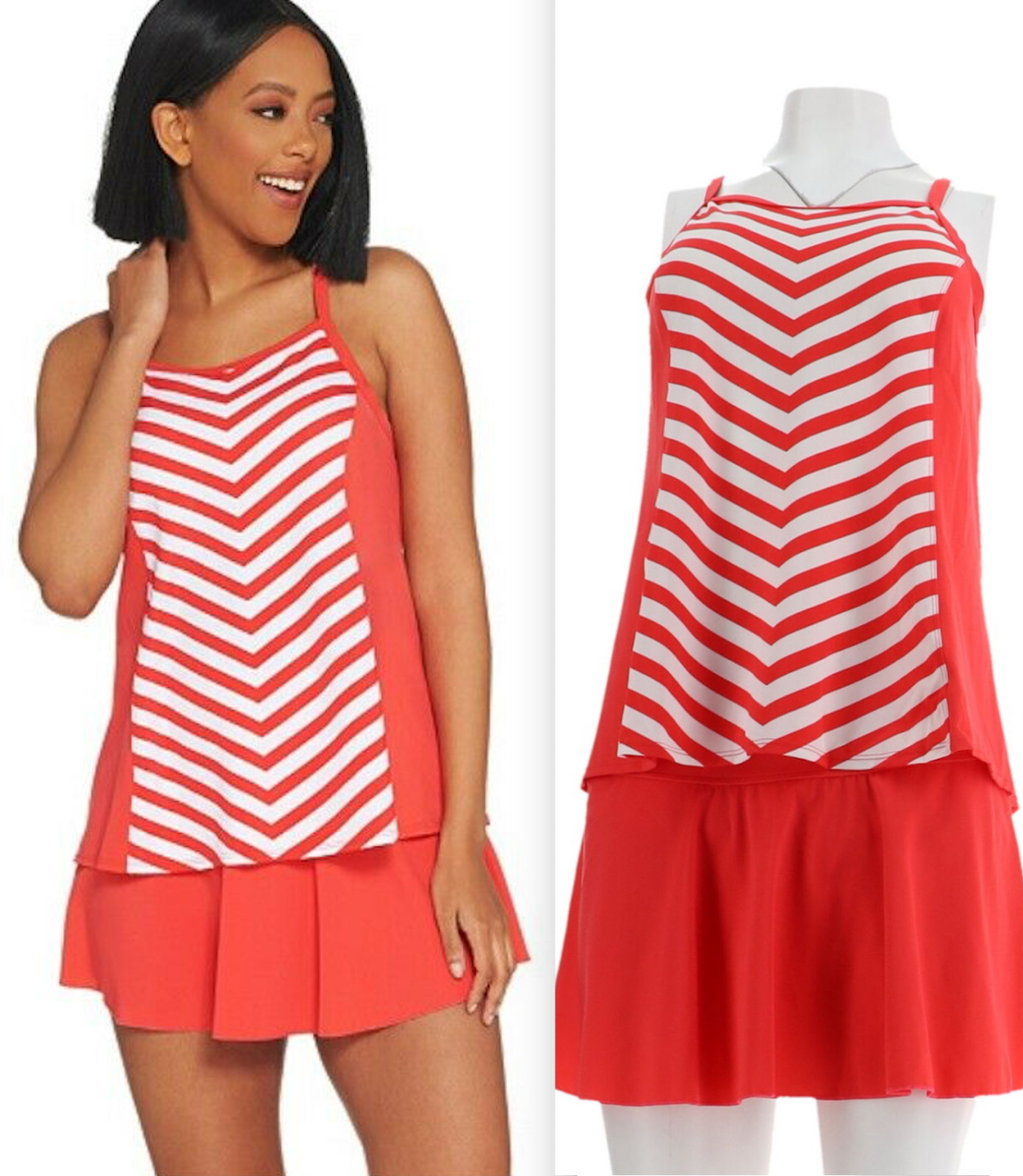 Denim & Co Beach Stripe Tankini Swimsuit Skirt Vivid Coral Sz 6