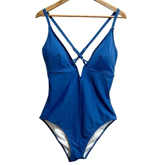 Shaperin Women’s Blue Deep V Neck One Piece Swimsuit