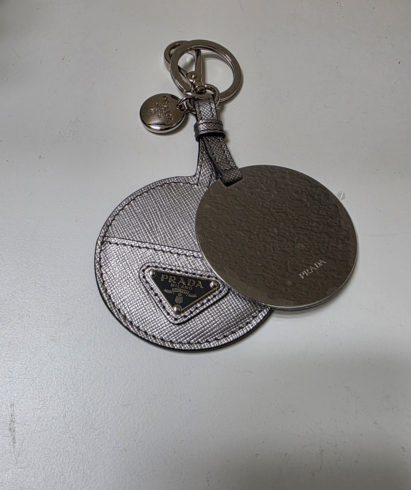 PRADA Silver Mirror Key Chain Keyring with Clip In Silver Saffiano Leather
