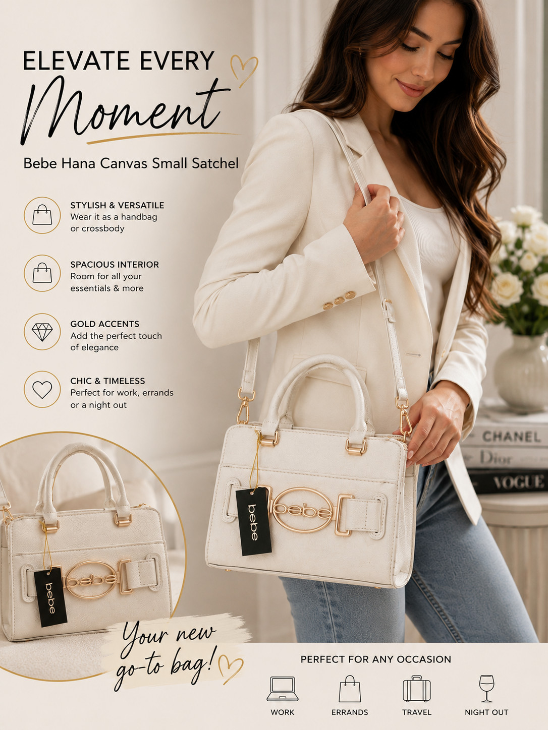 BEBE Leilani White Mini Crossbody Bag Top Handle Purse