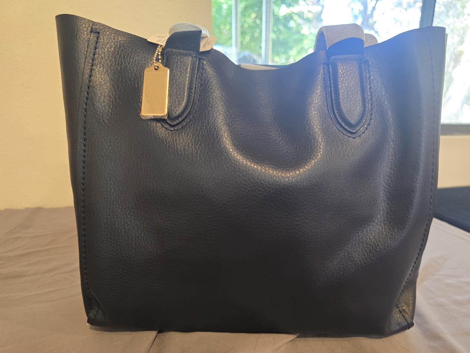 Coach Derby Tote Pebble Leather Shoulder Bag Navy Blue W/ Gold Coach Tag