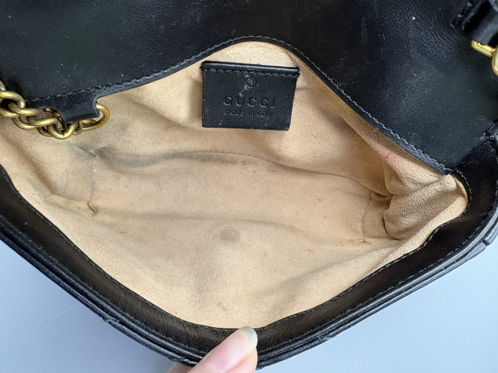 GUCCI GG Marmont Super Mini Chain Shoulder Bag Black Quilted Leather Purse