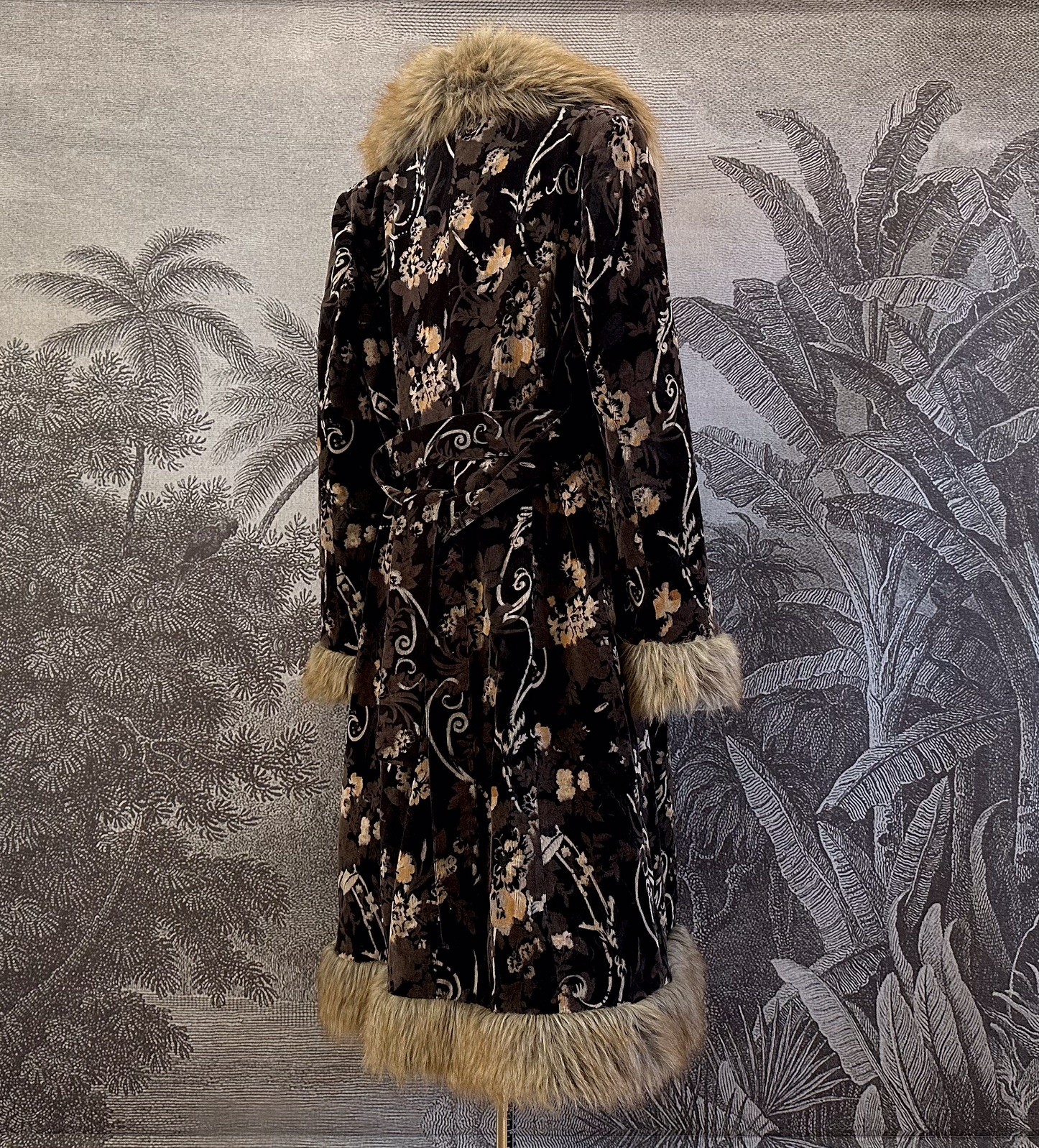 Stunning Rare Vintage Afghan Coat Floral Corduroy Fur 70s Boho Hippy Jacket Sz M
