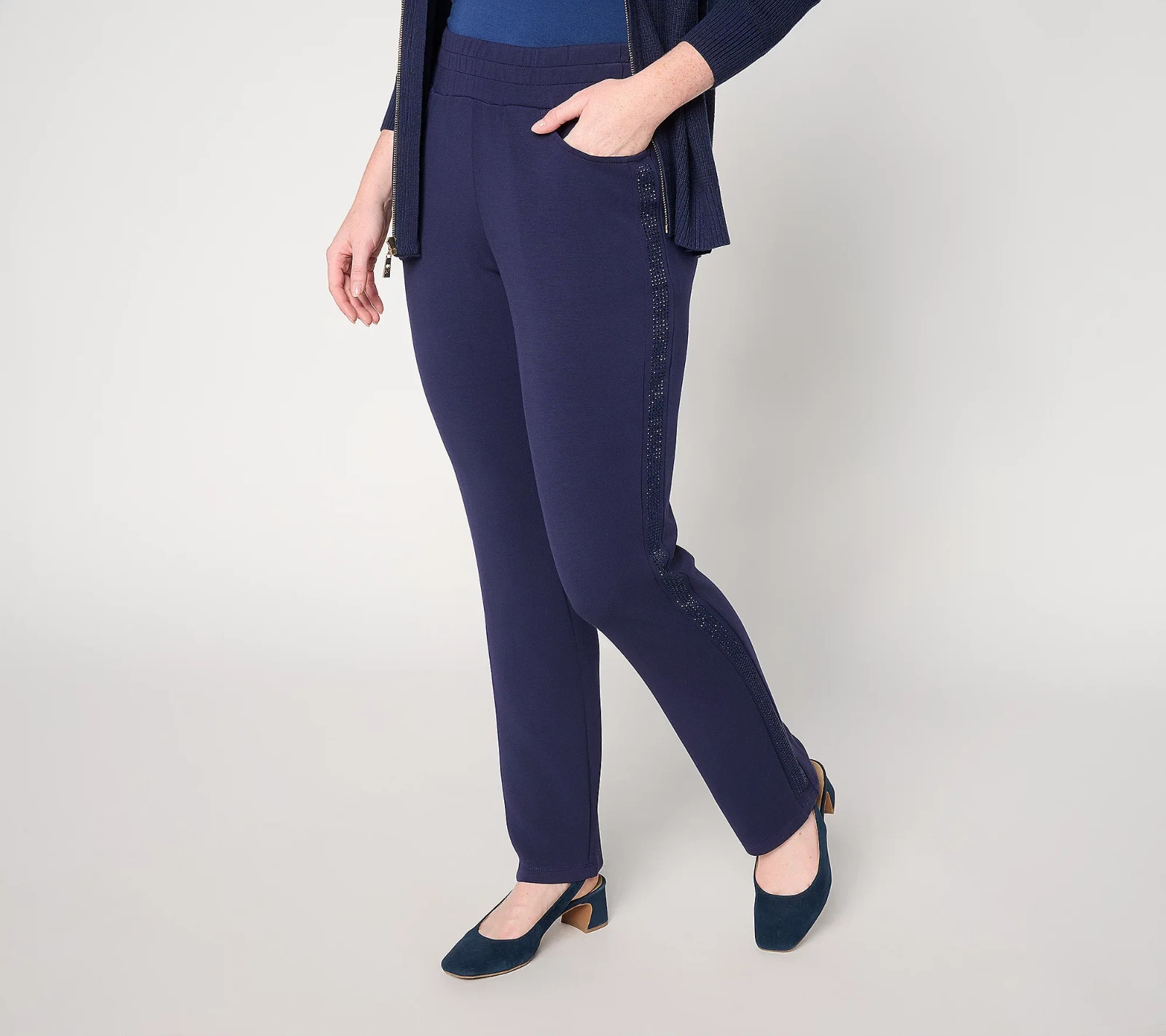 Belle by Kim Gravel Petite ScubaLuxe Sparkle Pants, Navy Sz PL a711001