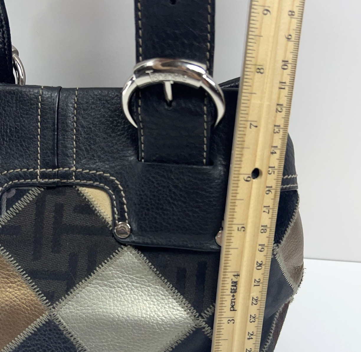 TIGNANELLO Leather Suede Patchwork Shoulder Bag Metallic Silver Buckle Boho Chic