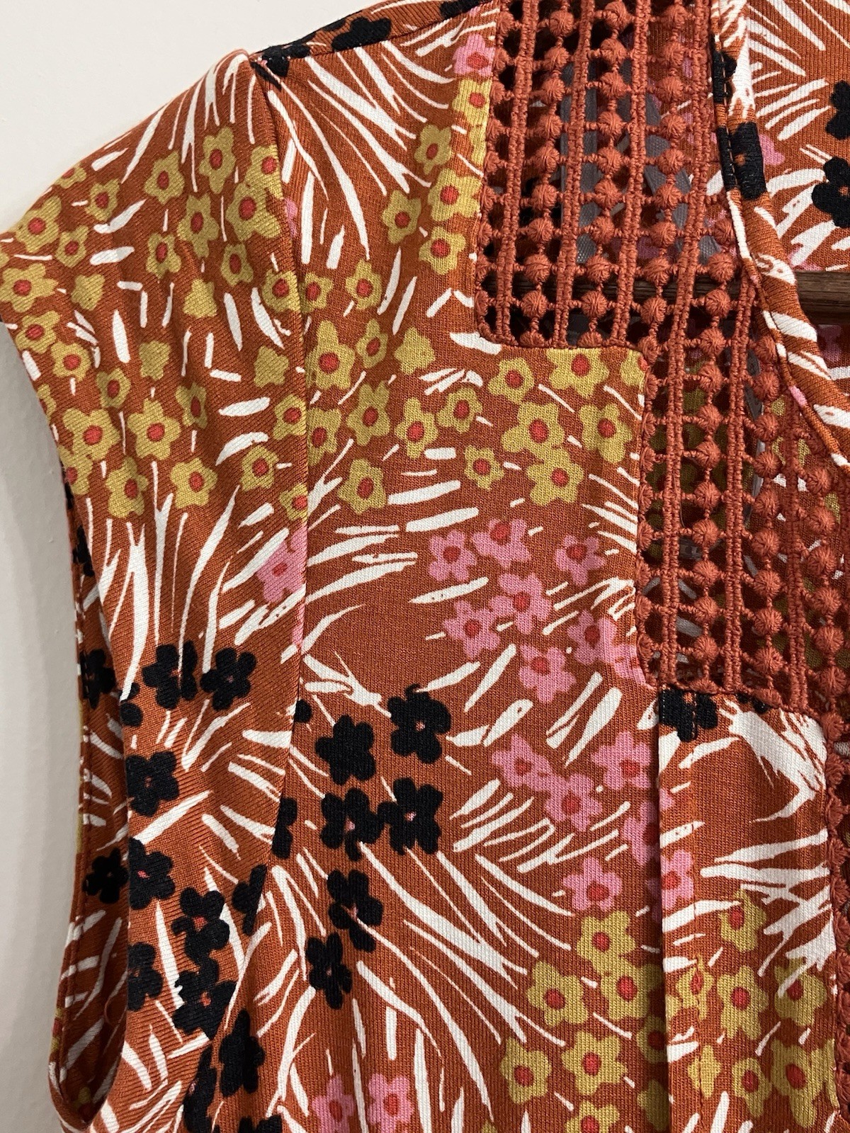 Daniel Rainn Floral Dress RXP Rust Orange Pink Boho Crochet Trim Rayon Lined