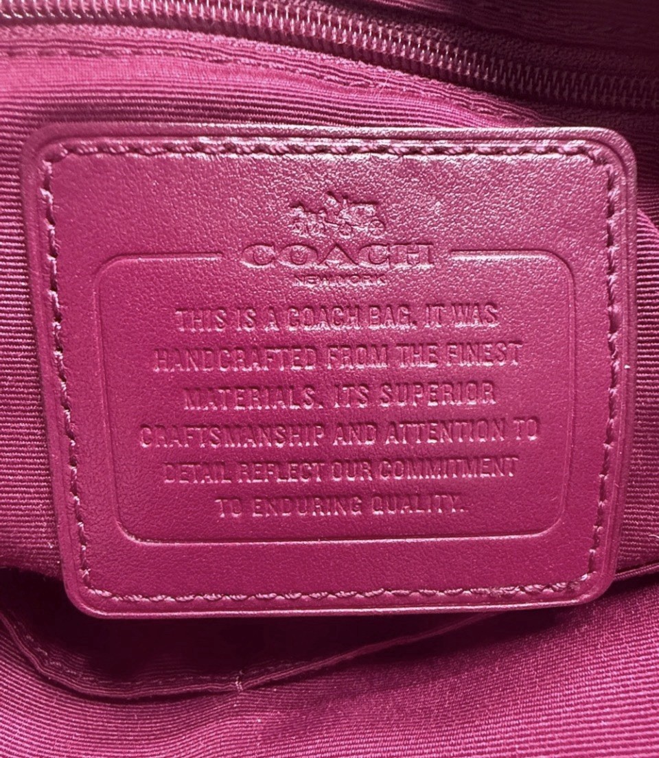 Coach Kelsey Signature Monogram C Canvas Khaki & Fuchsia Leather Trim Bag