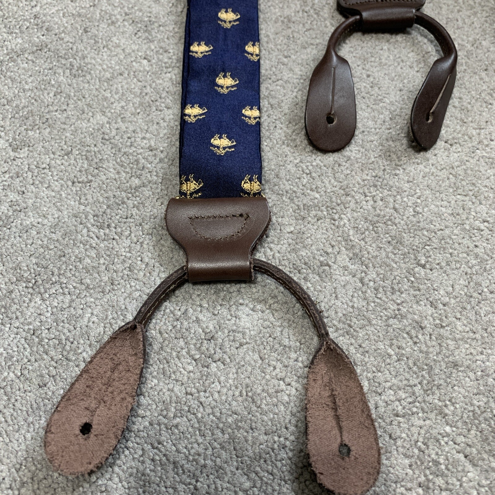 Brooks Brothers Silk Suspenders Navy Blue with Golden Fleece Sheep Silk Leather