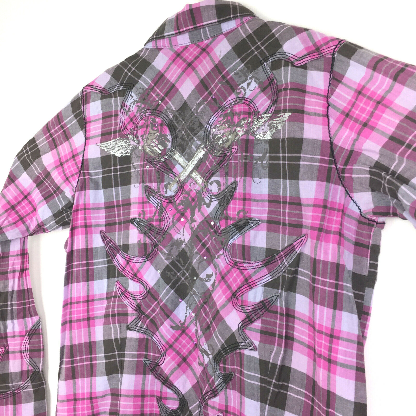 Wrangler Rock 47 Womens Medium M Purple Rhinestone Pearl Snap Western Shirt 38″