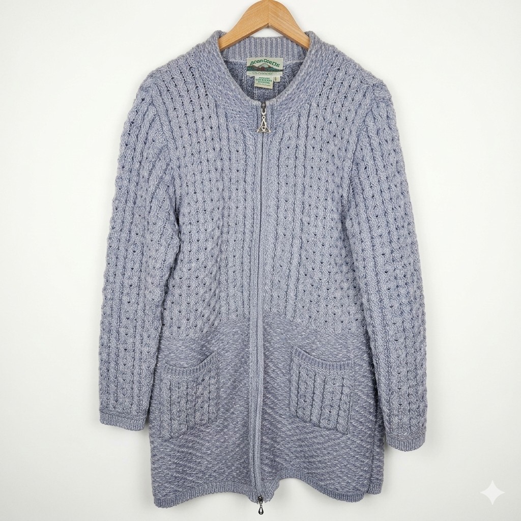 Aran Crafts Ireland Merino Wool Cardigan Sweater Cable Knit Zip Womens Large