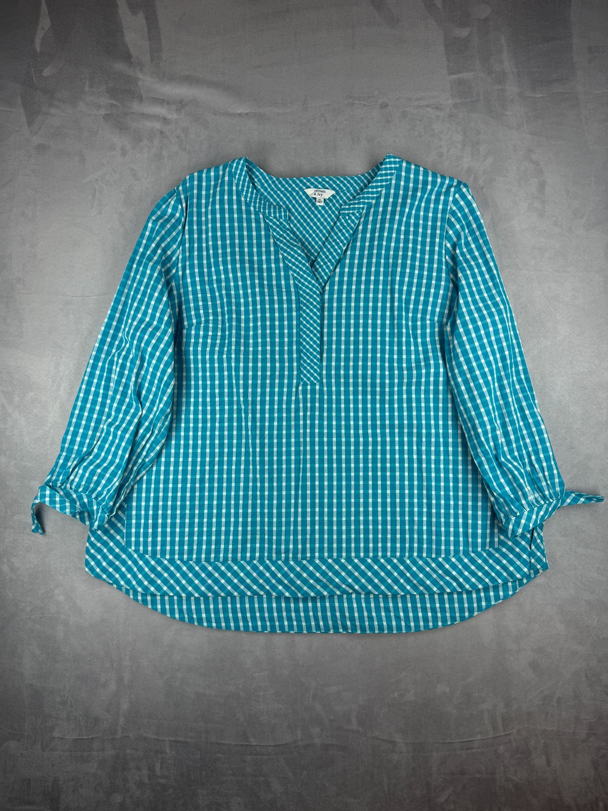 Crown & Ivy Women’s Torquoise Gingham Checked Blouse 3/4 Sleeve Sz XL