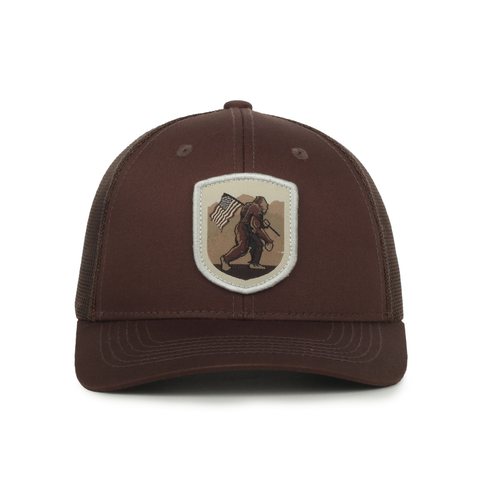 Outdoor Cap Sasquatch with American Flag Trucker Hat Brown Mesh Back