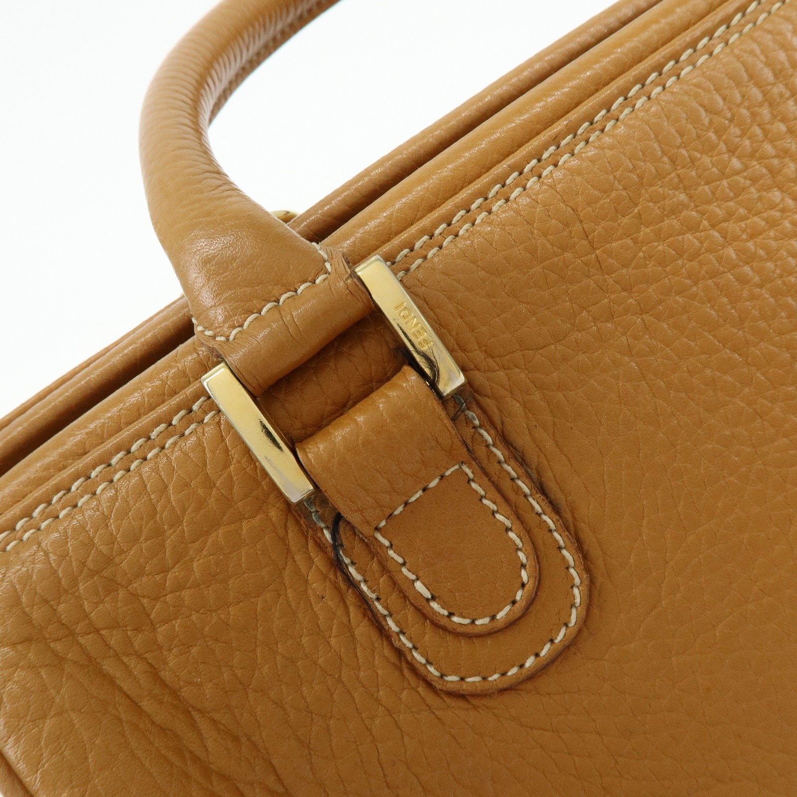 FENDI FF Logo Leather 2Way Bag Hand Bag Boston Bag Camel Authentic Used F/S