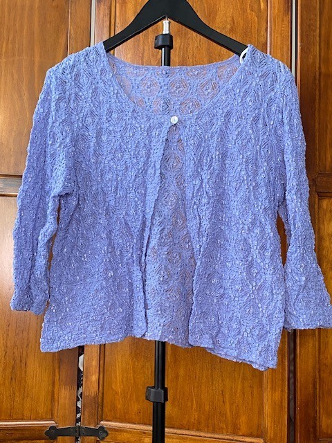 Fashion Bug Womens Size 16 Lavender Crochet Knit Cardigan Open Front USA Made
