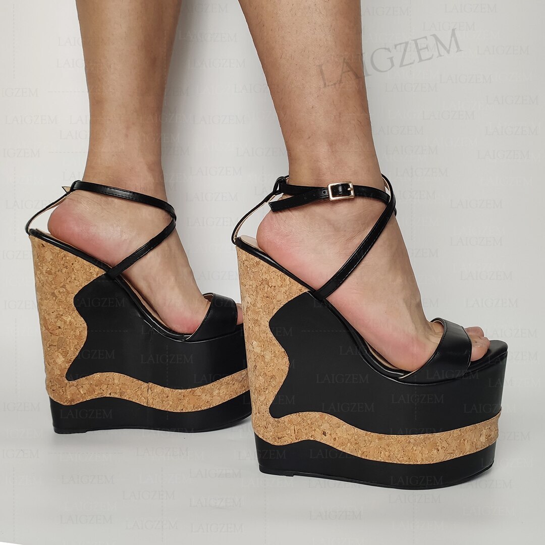 Women Sandals Patchwork Platform Wedges Extreme High Heels Pumps Height Increase