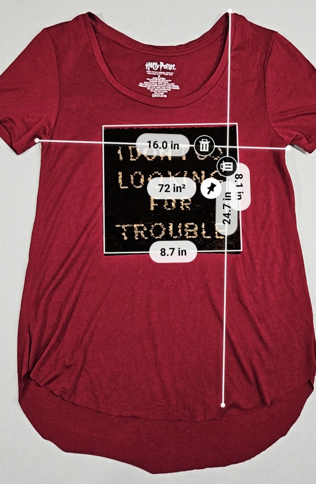 Harry Potter “I Don’t Go Looking For Trouble” Sequin Graphic T-Shirt Women’s Med