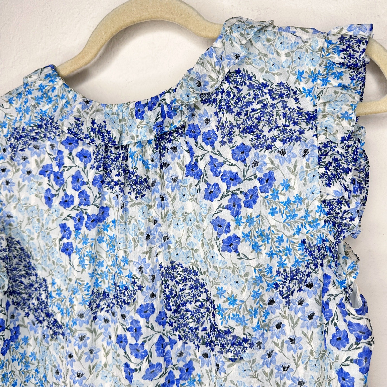 Rebecca Taylor Ava Sleeveless Floral Blue Silk Blend Tie V Neck Blouse Top 8