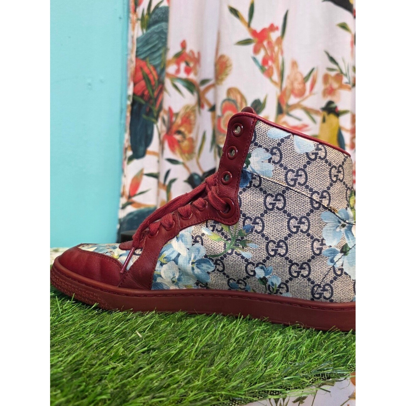 Gucci GG Blooms Floral High Top Sneakers Red Leather Canvas Shoes Size 37