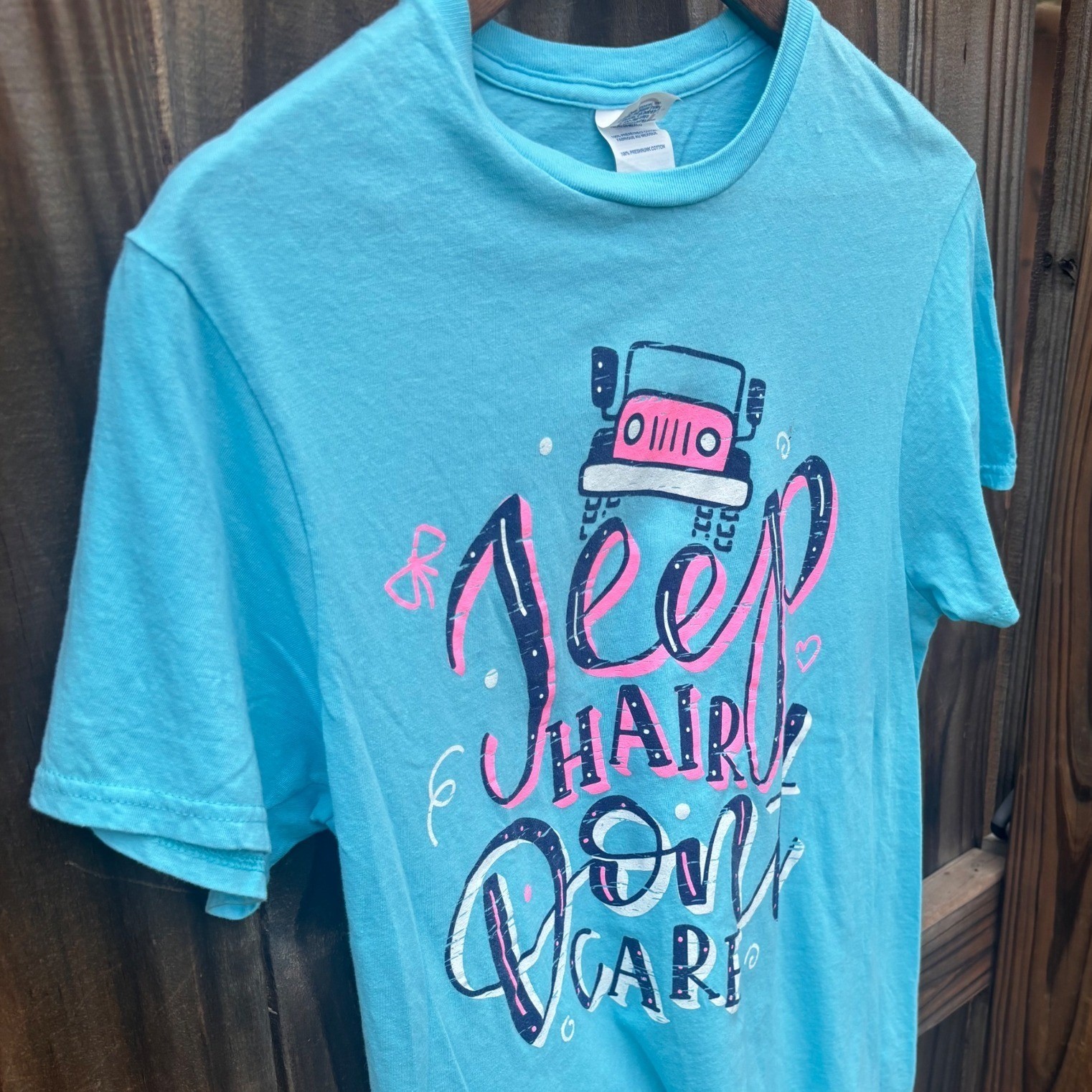 Jeep Hair Don’t Care Graphic T-Shirt Adult Medium Turquoise Blue GOOD CONDITION