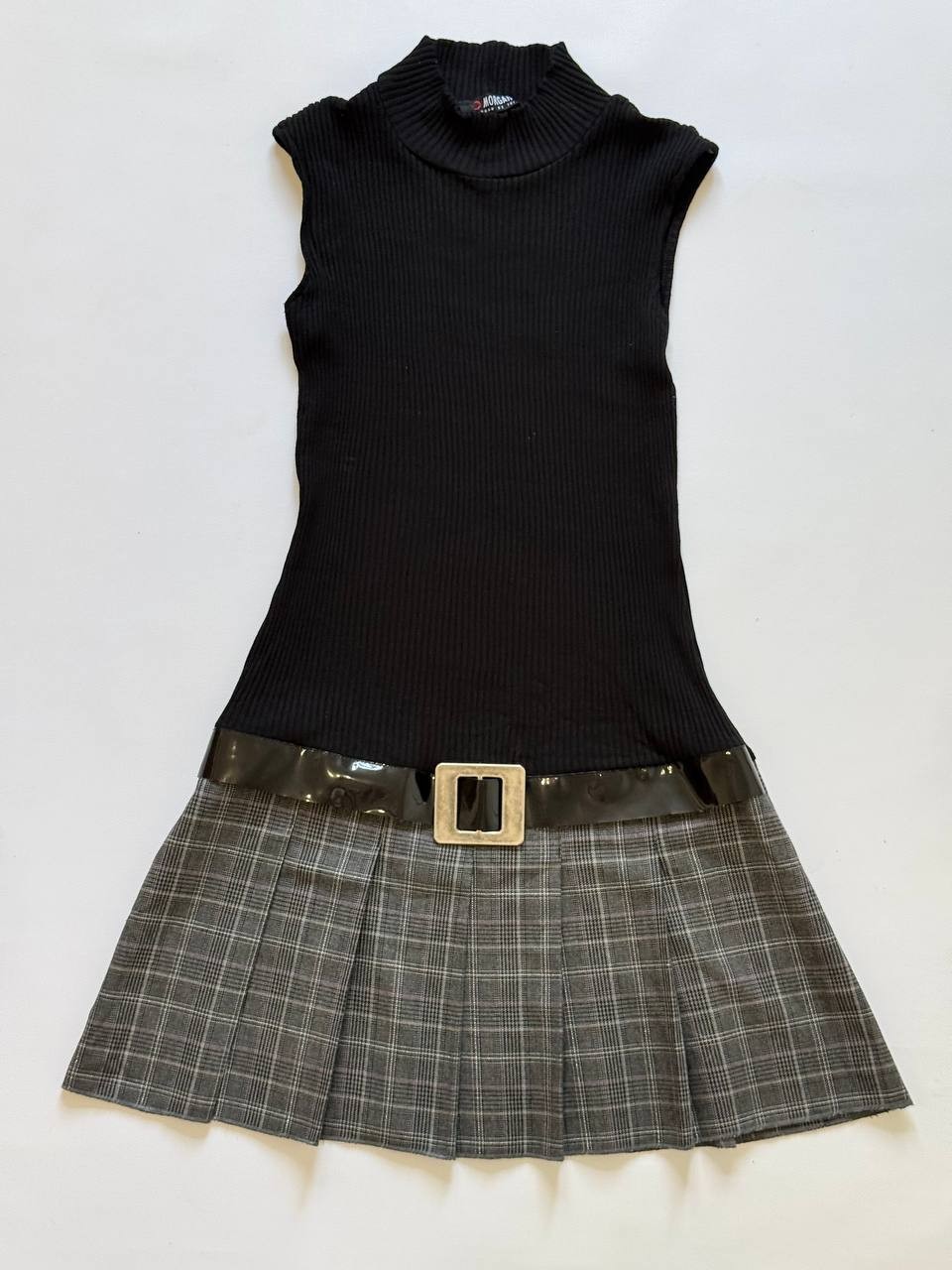 Vintage Morgan de Toi Black Rib Knit Wool Blend Plaid Pleated Mini Dress XS S M