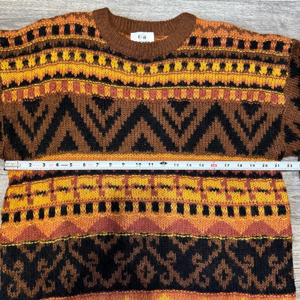 Together! Vintage 90s Wool Blend Geometric Tribal Knit Sweater Mens Large Brown