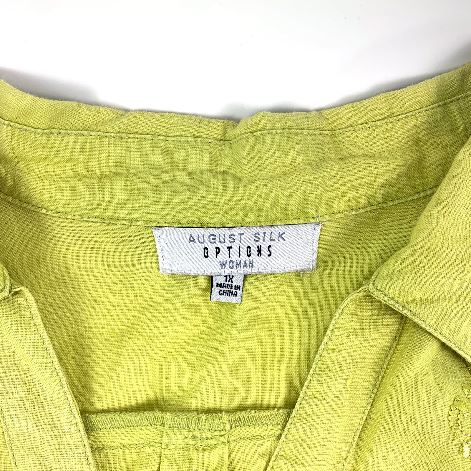 August Silk Options Button Up Blouse Sz 1X 100% Linen Lime Green Embroidered SEE