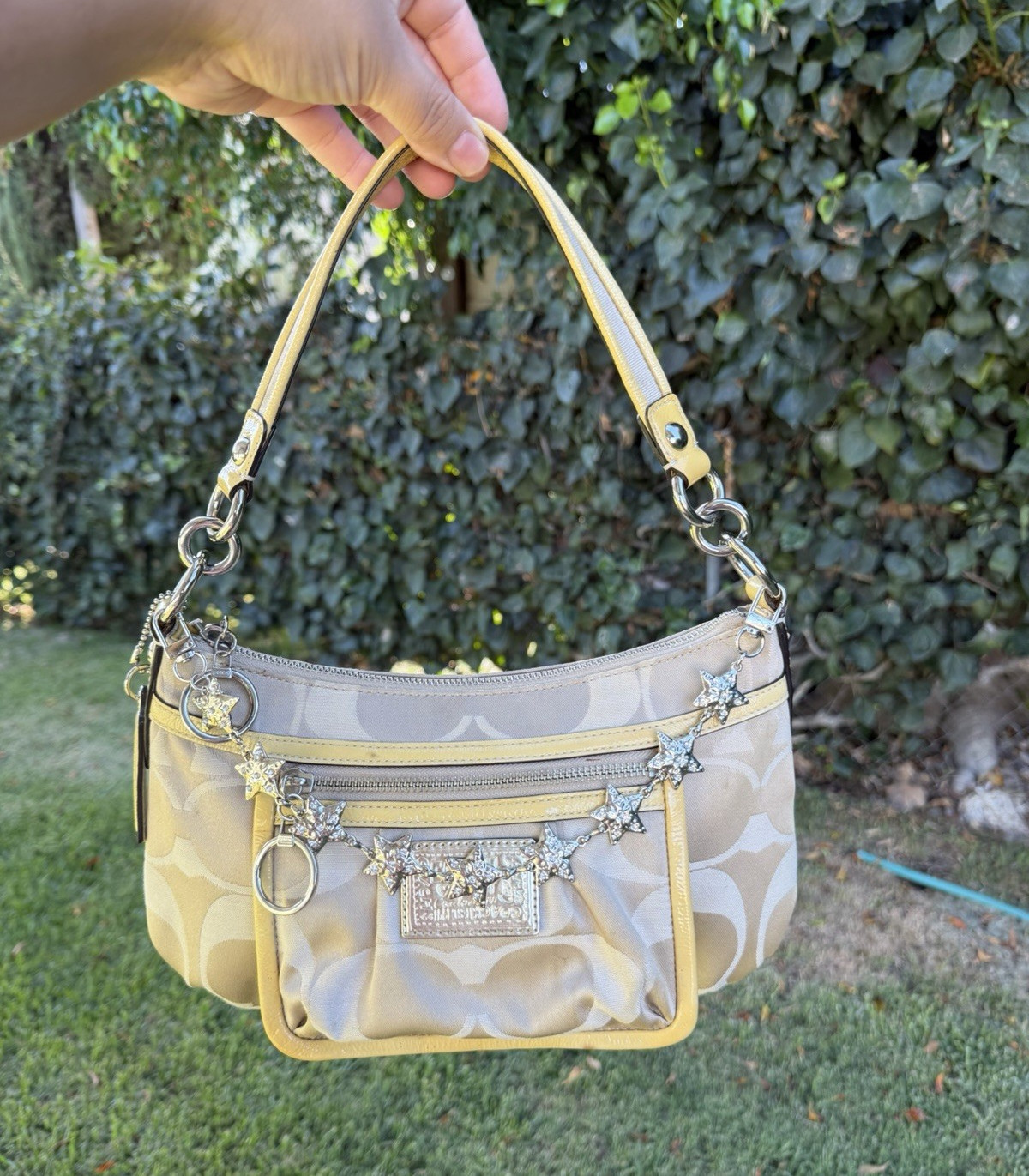 Coach Poppy Signature Small Shoulder Bag Beige/Yellow Zip Purple Lining