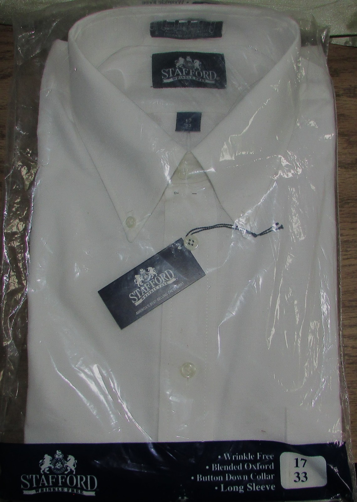 STAFFORD MEN’S 17 33 LONG SLEEVE WRINKLE FREE OXFORD WHITE DRESS T-SHIRT, NEW
