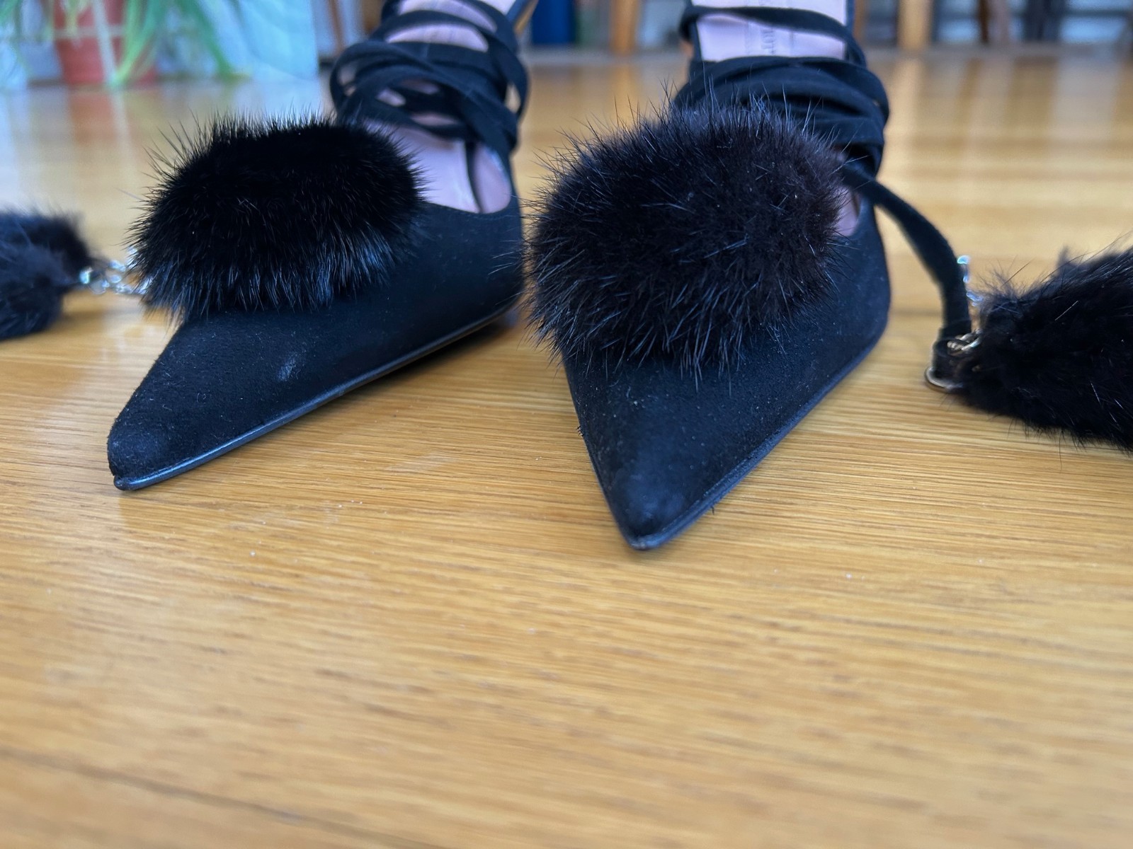 CESARE PACIOTTI Black Suede Pom-Pom Fur Tassels Sandals SZ 7.5 IT 37.5 Excellent