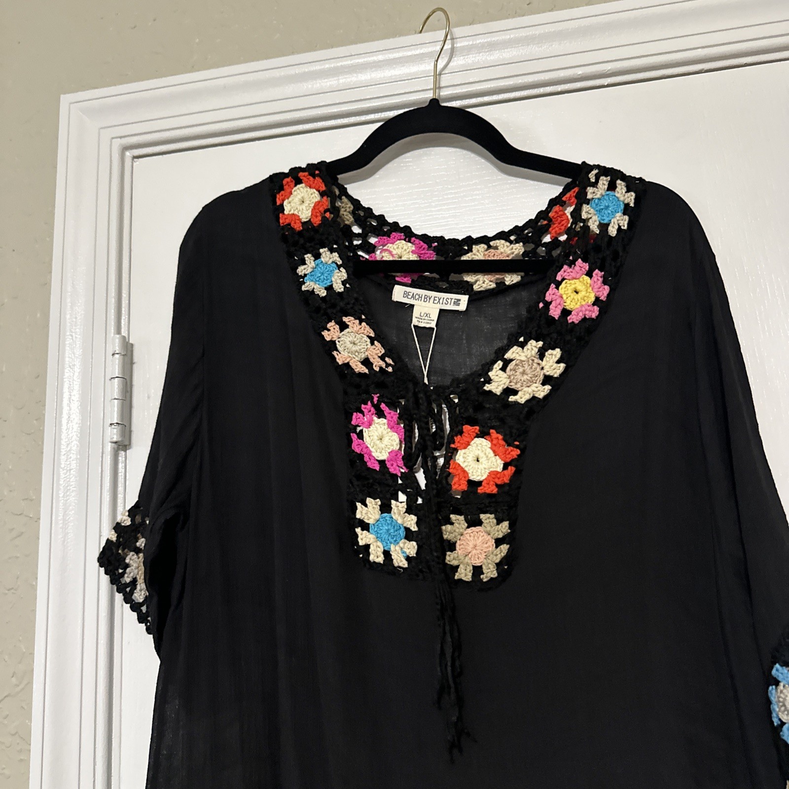Beach By Exist Beach Coverup Black With Crochet Multi Colored Flowers One Size