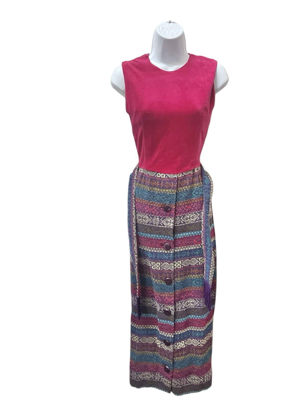 Vtg 60s Southwestern Boho Tapestry Maxi Dress XS Fringe Belt Sleeveless Velvet