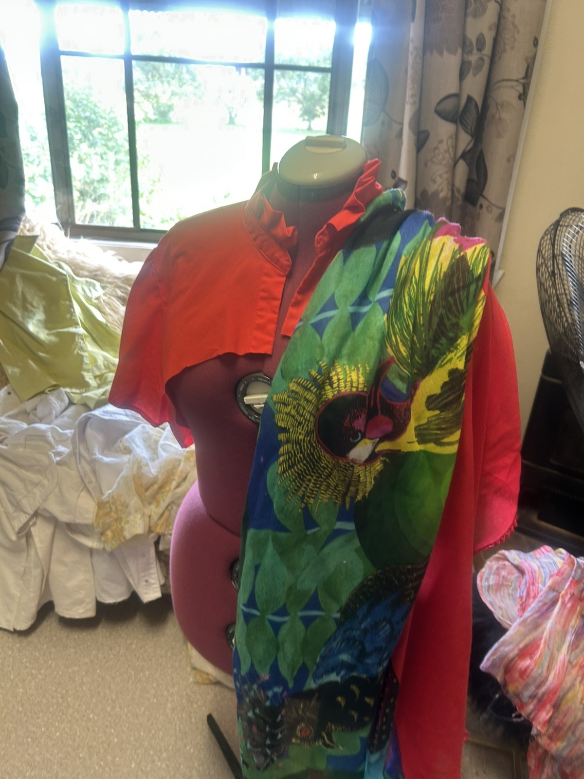 Upcycled handmade red bolero top with flared Desigual scarf sleeves