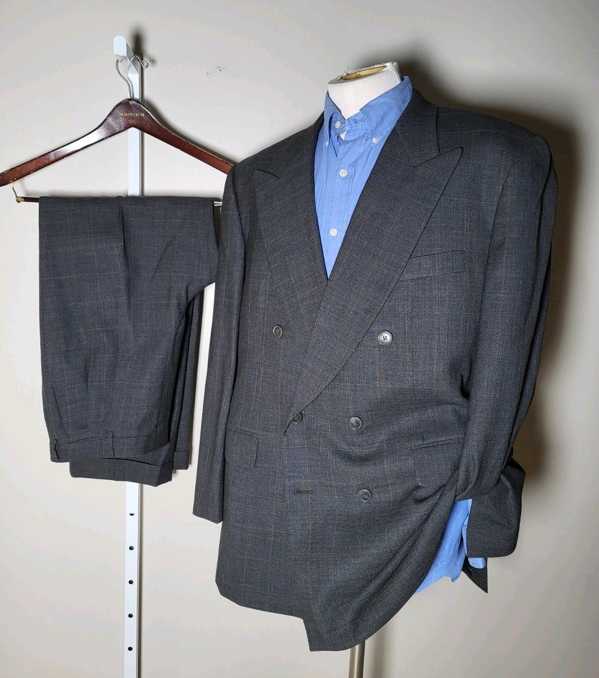 Belvest Double Breast Gray Orange Check 2pc Suit 56R 44R Jacket Blazer Pant W38